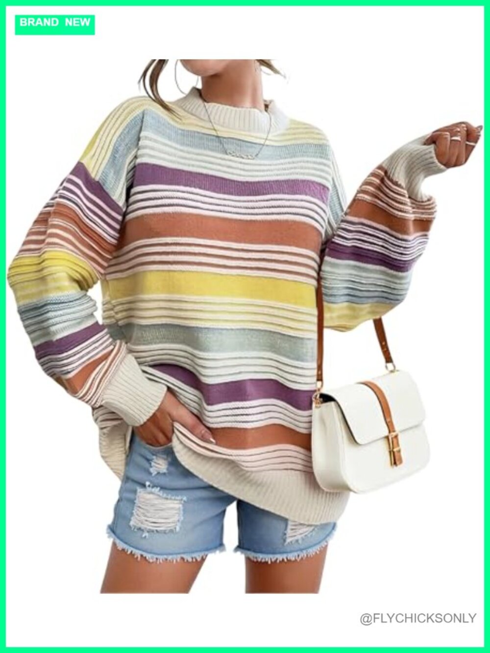 Oversized Crewneck Pullover Sweater Contrast Striped Long Sleeve Winter Top
